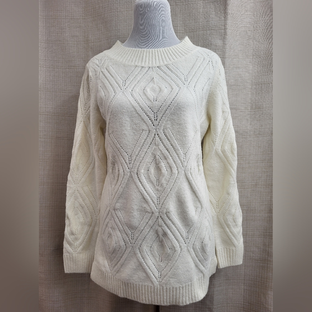 Talbots Women's Ivory Cable Knit Mock Neck Sweater Metallic Size Medium‎ NWT